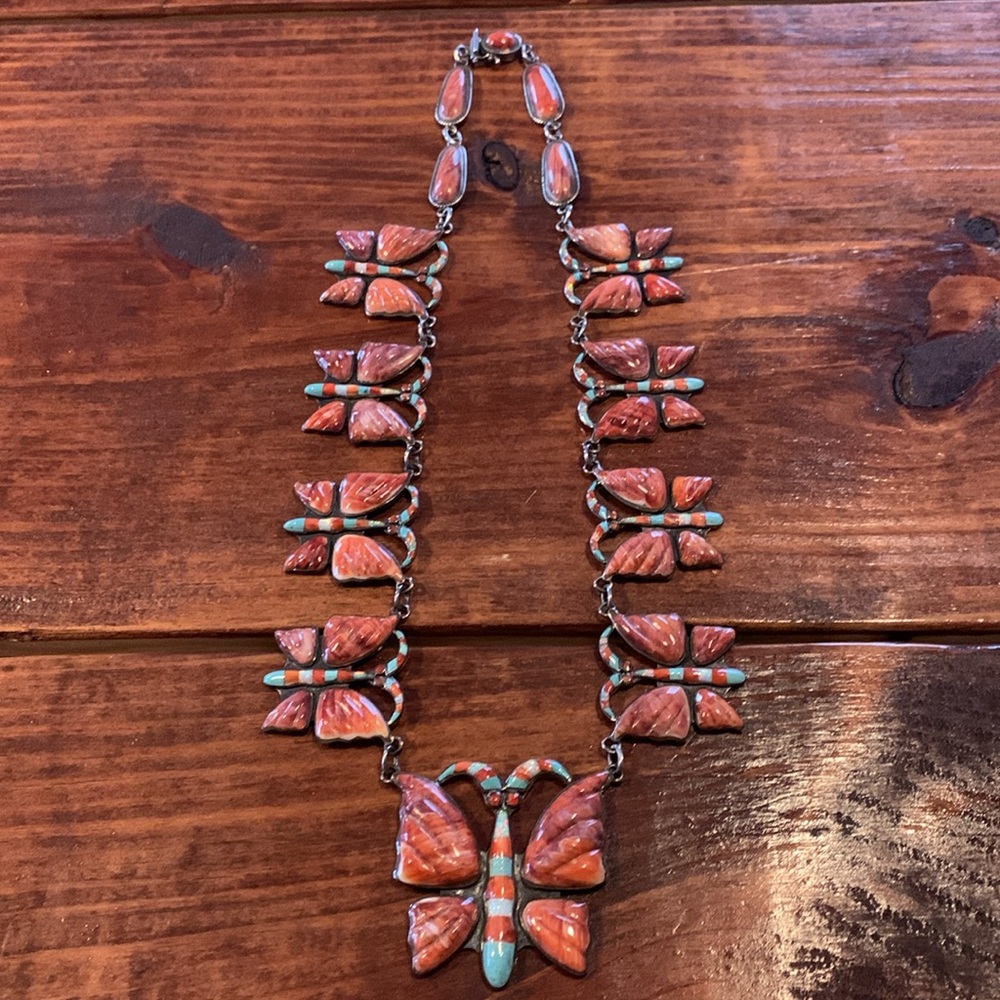 Kirk Smith Native American Sterling Spiny Oyster & Turquoise Butterfly Necklace